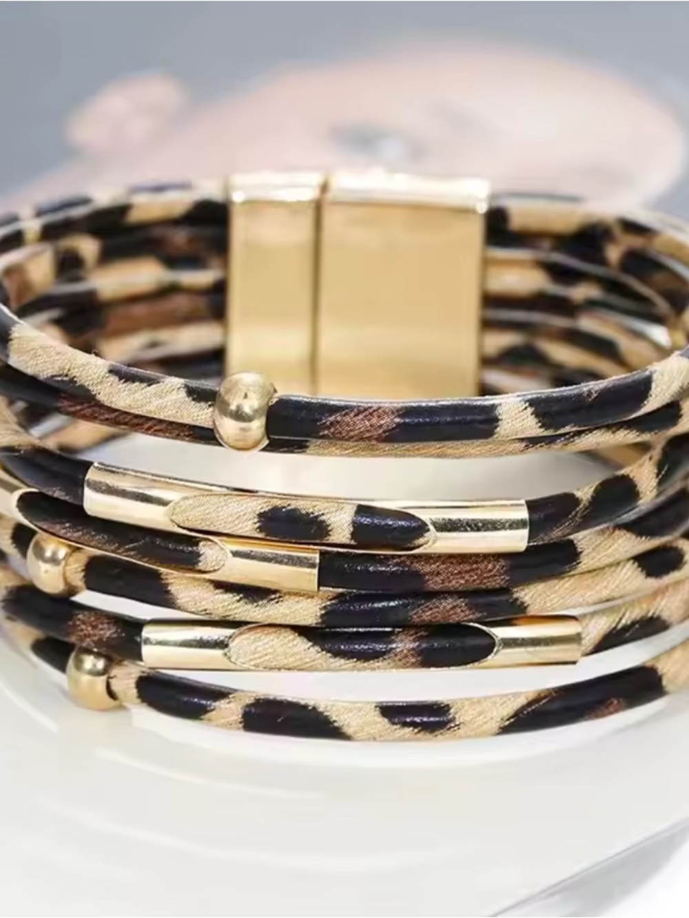 Leopard Print Multi-Wrap Leather Bracelet with Gold Beads B04-03 - Picture 5 of 9